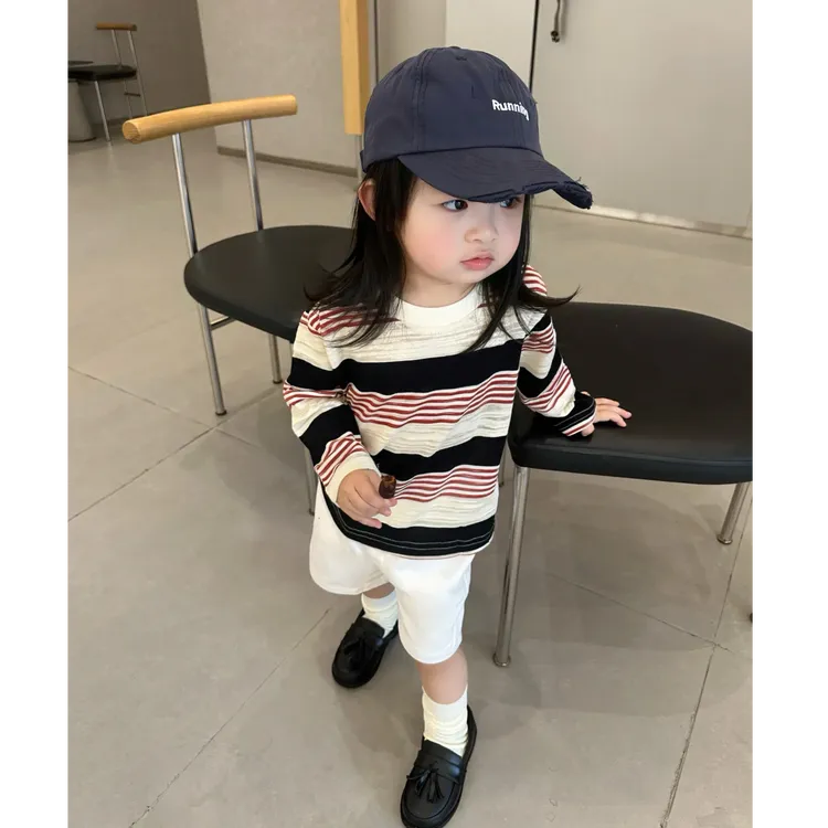壹妈韩范高级感条纹长袖上衣套头早秋穿搭女童休闲风白色短裤套装