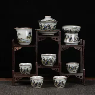 景德镇千里江山水茶具套装办公室用高端家用整套泡茶器盖碗茶杯子