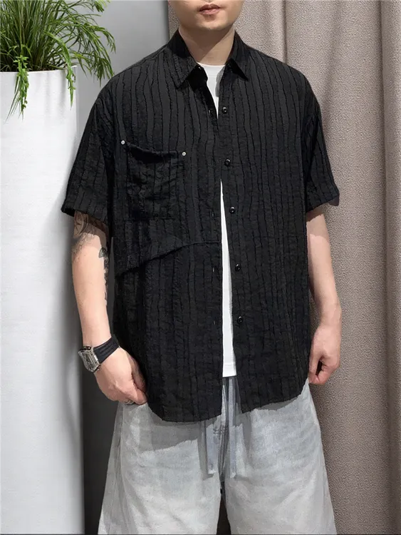 夏季新款简约条纹肌理感老钱风翻领短袖衬衫宽松潮牌韩系百搭时尚