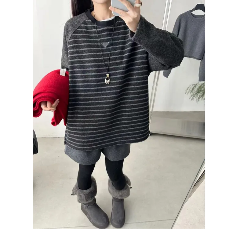 中长款圆领条纹插肩袖长袖T恤女秋冬新款百搭宽松保暖打底衫上衣