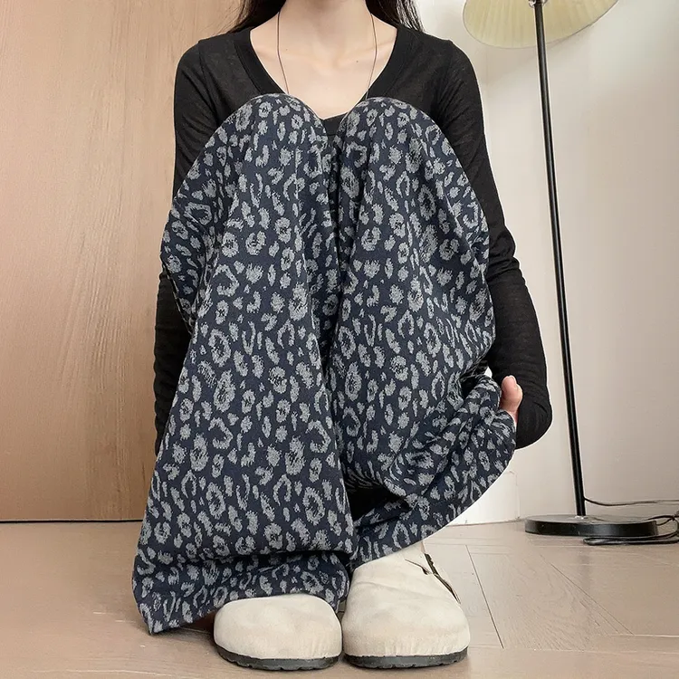 美式复古豹纹阔腿裤女秋季2025新款宽松高腰直筒慵懒松弛感休闲裤