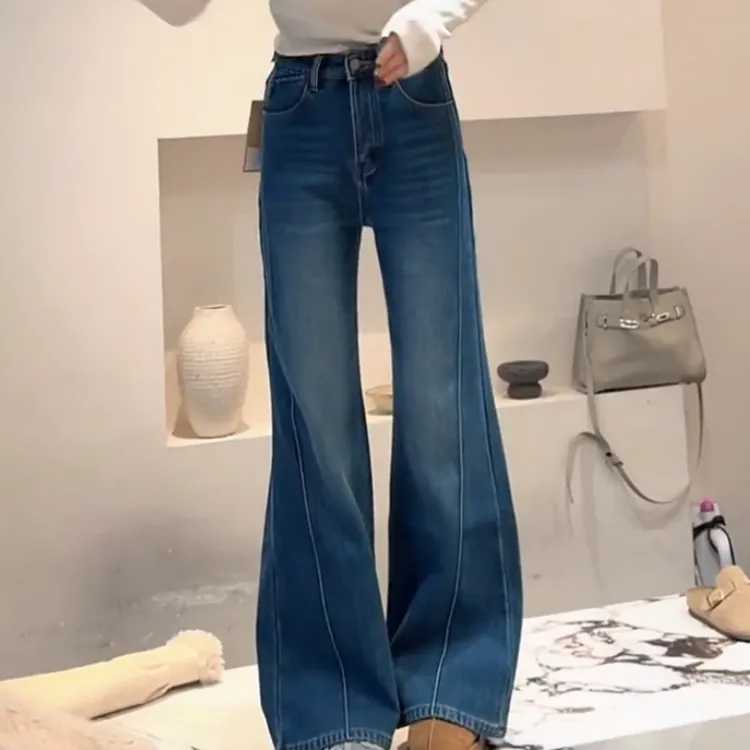 秋冬新款加绒喇叭裤高腰宽松时尚直筒牛仔裤LK2507952