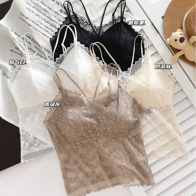 夏季法式高定蕾丝美背吊带背心交叉细肩带美背性感内搭带胸垫内衣