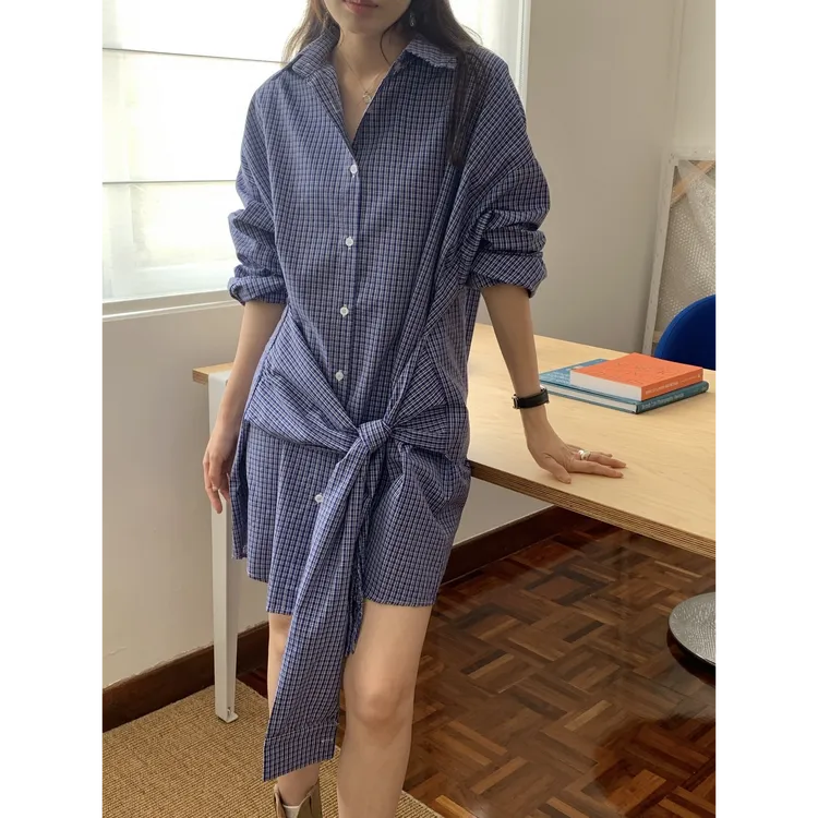 条纹睡裙一加一洋气 韩系设计感系带蓝色格子衬衫上衣宽松连衣裙