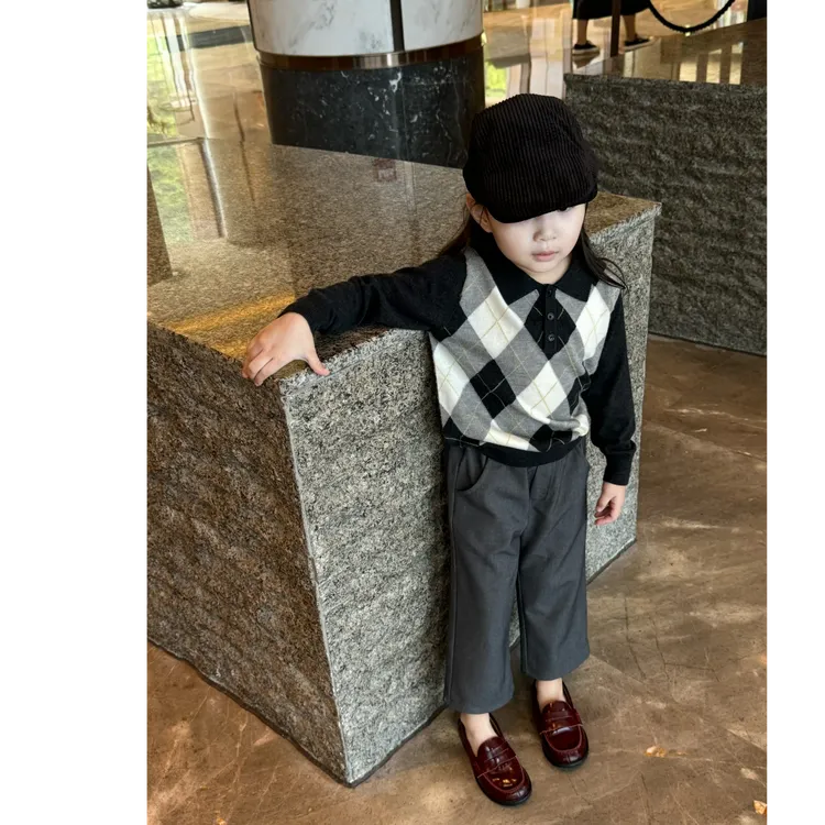 现货】壹妈韩版童装女童秋装套装洋气儿童格子针织毛衣灰色休闲裤