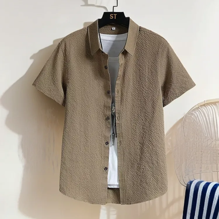 薄款纯色男短袖夏季对襟免烫衬衫衬衣翻领韩版上衣条纹潮流休闲