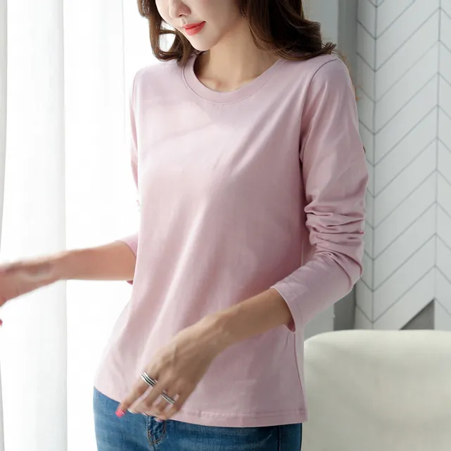 棉长袖t恤女新款圆领打底衫简约圆领长袖秋冬大码内搭T恤上衣
