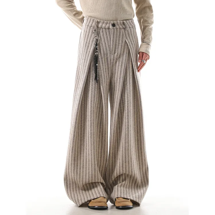 美式复古流行百搭阔腿条纹皱褶解构休闲中性宽松西装裤男女秋冬