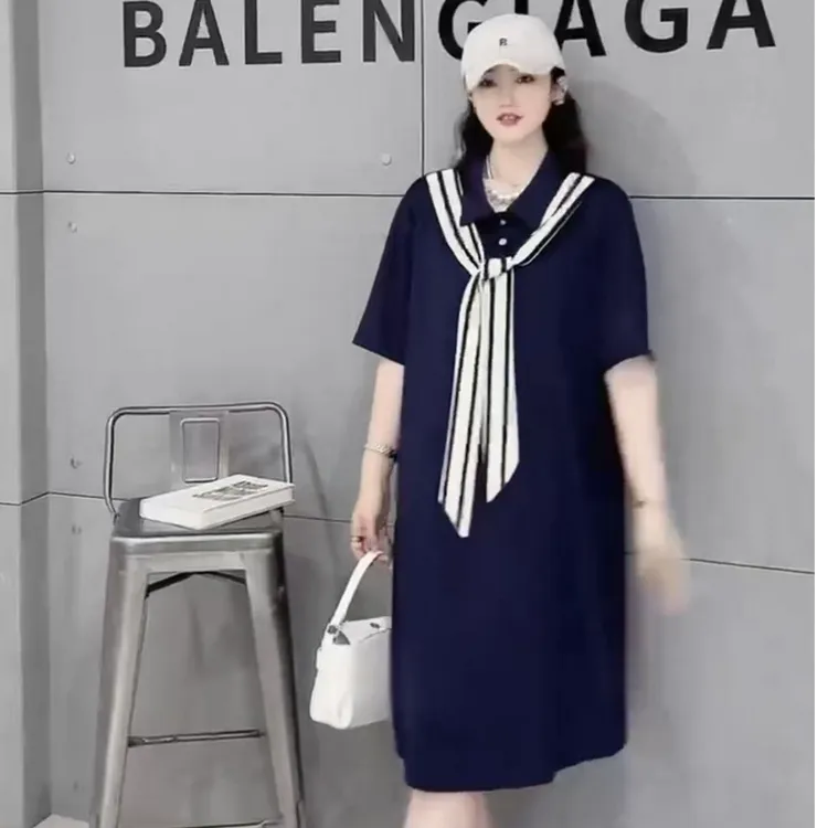 8005-韩版设计感大码宽松显瘦撞色A版假两件连衣裙