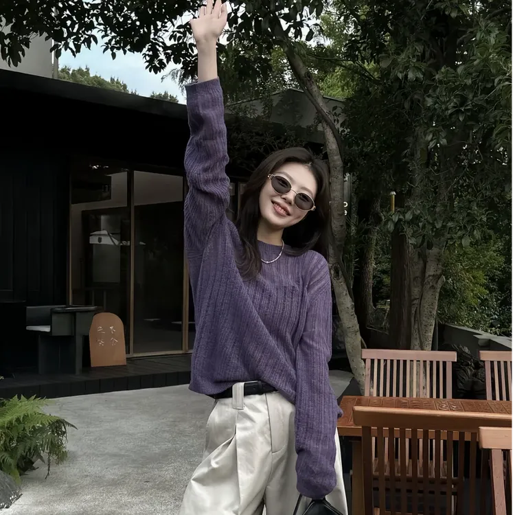 韩版ins氛围感紫色镂空长袖针织衫女春夏宽松百搭套头防晒上衣潮