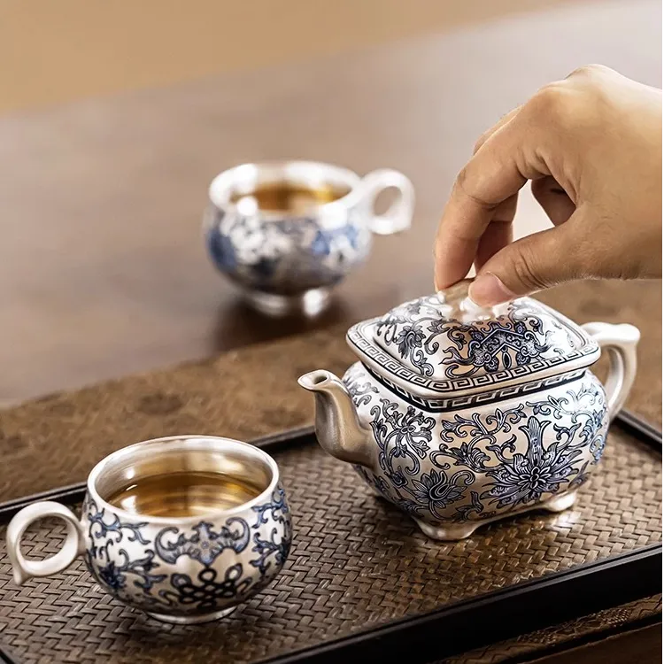 鎏银高档茶壶鎏银四方壶中式银茶杯礼盒装纯手工送礼茶室待客公司