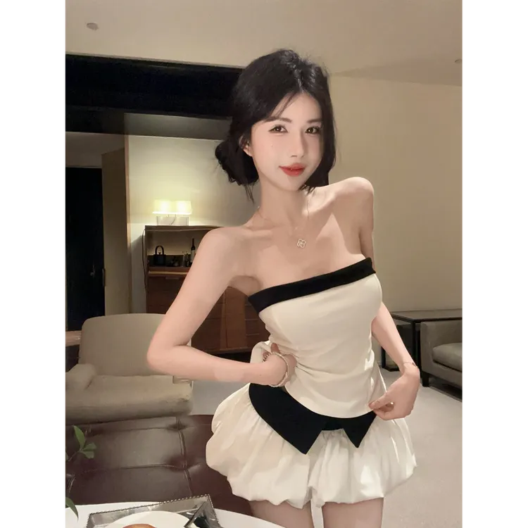 高级感无袖抹胸背心女夏季短款小吊带修身无袖上衣配花苞短裙套装