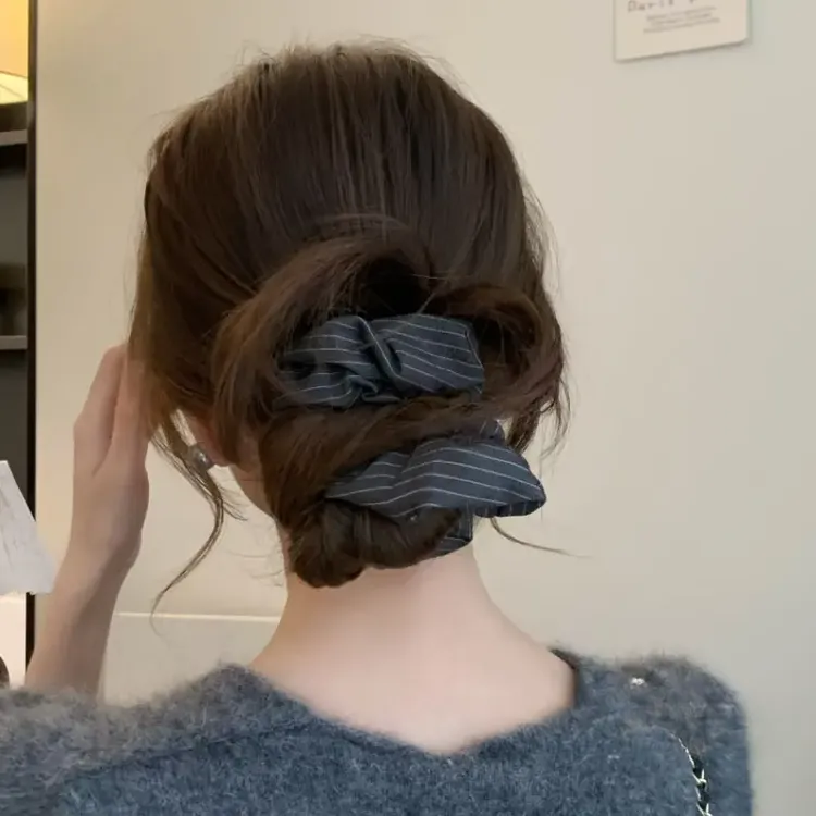 松弛感～韩系条纹低丸子大肠发圈慵懒感高级百搭低马尾发圈女