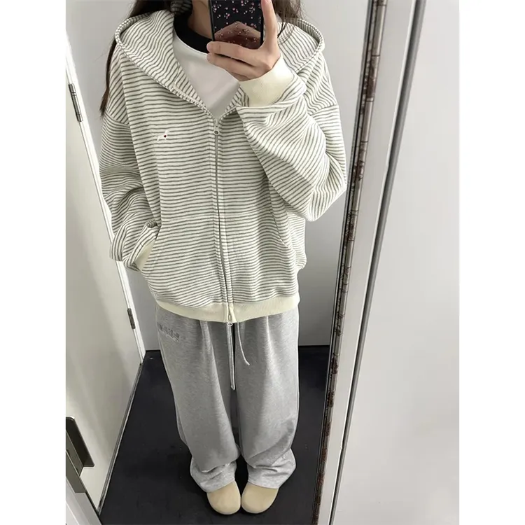 韩版条纹拉链小众百搭秋冬外套设计感连帽文艺复古卫衣女短款ins