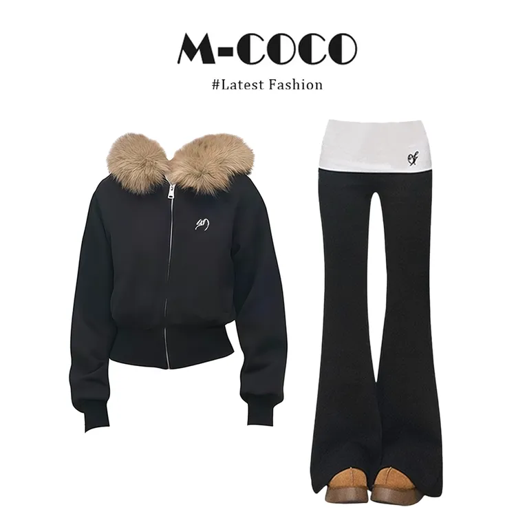 parkyeon美式连帽大毛领拉链卫衣外套女翻边微喇长裤秋冬两件套