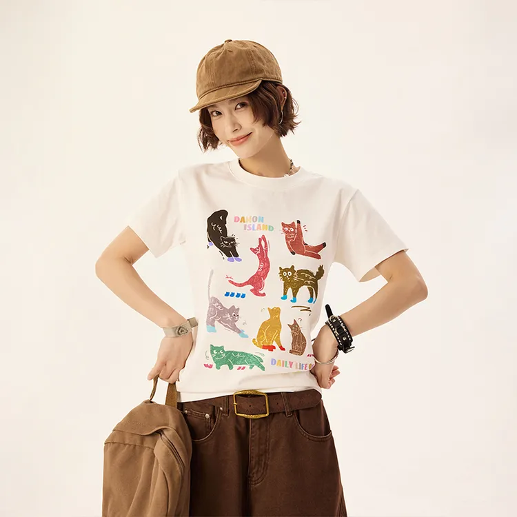 达蒙岛原创夏季新款趣味卡通猫咪短袖女cleanfit正肩短款休闲t恤