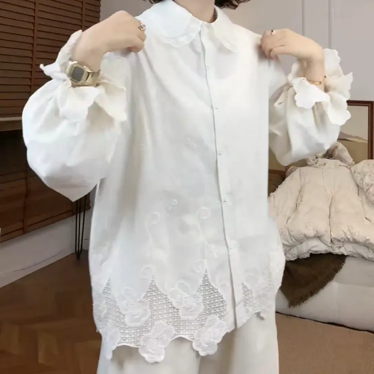 2025春季法式花边拼接白色衬衫女木耳边设计感宽松衬衫LK2501290