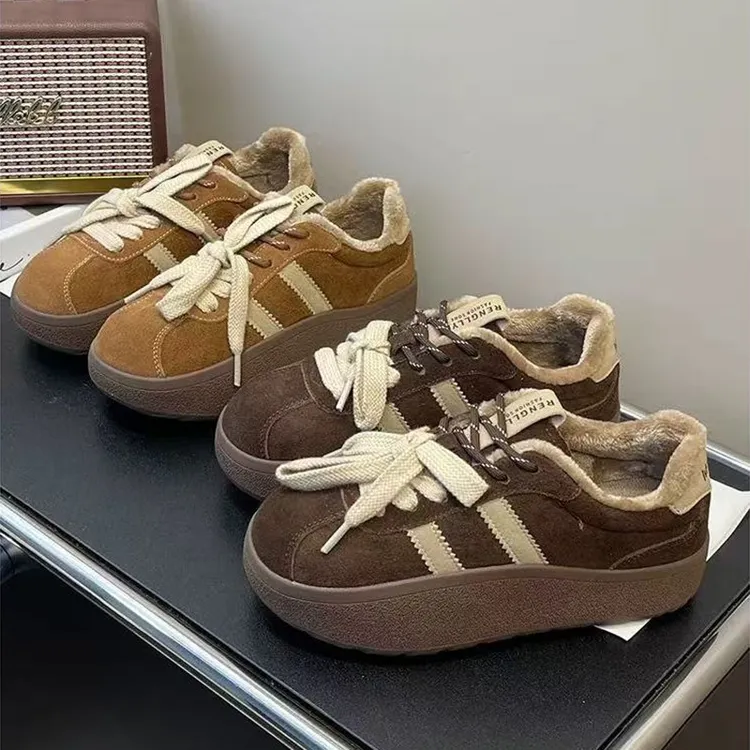 复古加绒保暖德训鞋女2025年冬季新款厚底松糕时尚休闲鞋百搭板鞋