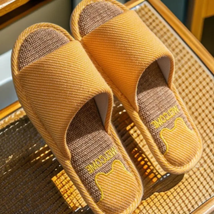 夏季女士男士情侣四季室内家用防滑居家地板亚麻棉麻布料拖鞋