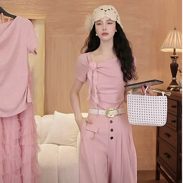 时髦套装裙甜美花朵女士短袖上衣+蛋糕半身裙两件套2025新款减龄