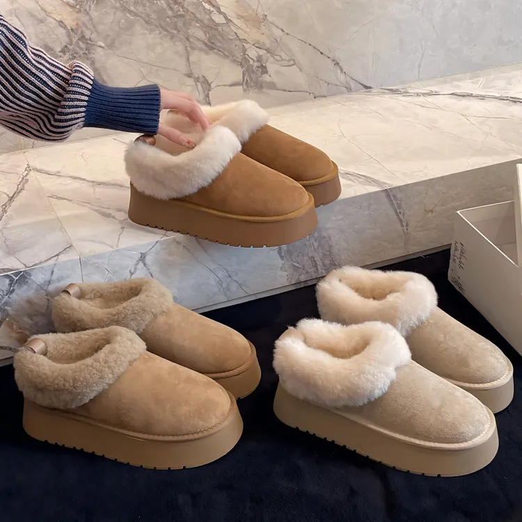 厚底毛毛雪地靴女款2025新款冬季雪地棉一脚蹬加绒保暖面包棉鞋子
