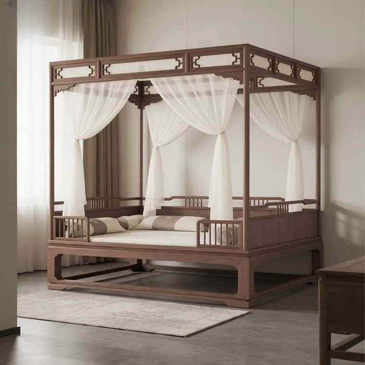 新中式北美黑胡桃木宋式实木床双人床架子床仿古四柱床民宿拔步床
