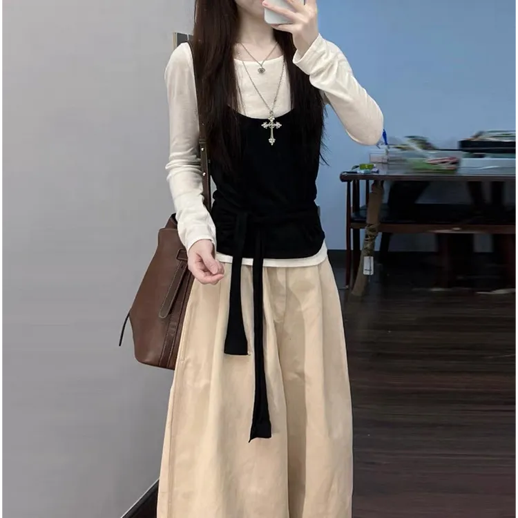 女装秋款爆款2025新款韩系穿搭长袖针织衫叠穿背心休闲裤三件套装
