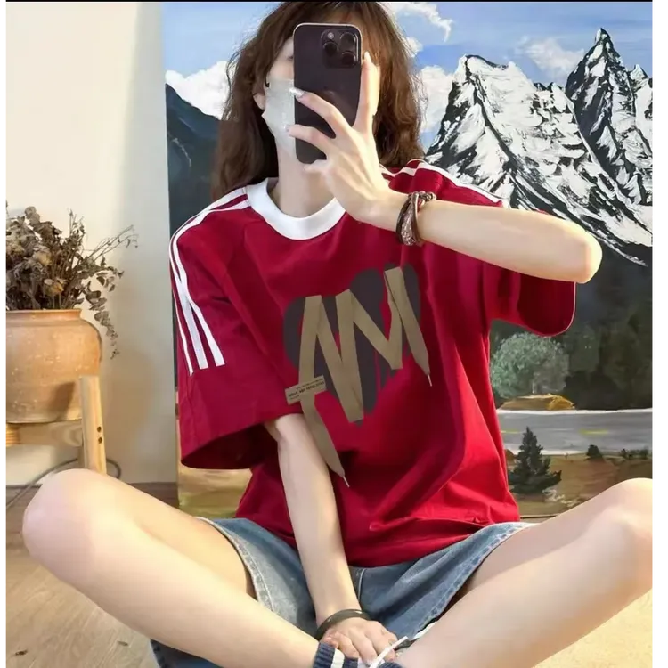 夏季oversize学院风100%棉三条杠短袖t恤女美式复古情侣半袖上衣