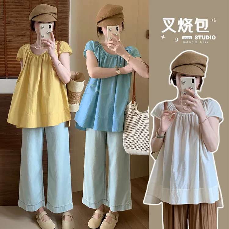 2025孕妇飞飞袖棉质宽松中长小衫夏季新款韩版百搭显瘦气质上衣女