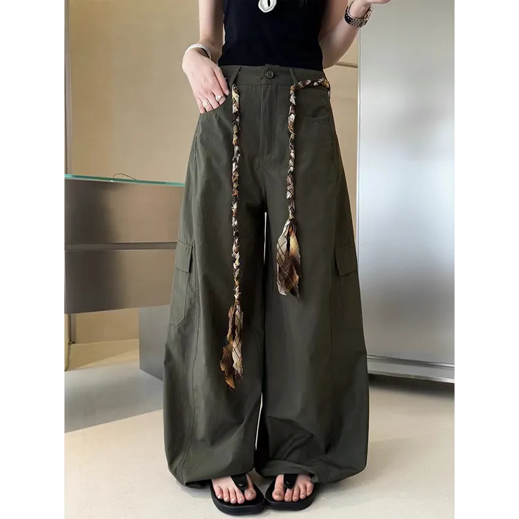 高级感带腰绳工装弯刀裤女早秋潮流百搭高腰显瘦宽松休闲阔腿裤
