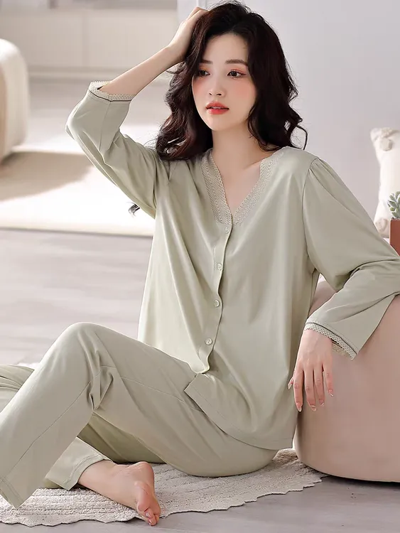 2025新款女睡衣长袖长裤莫代尔高级感中年春款宽松绿色开衫家居服