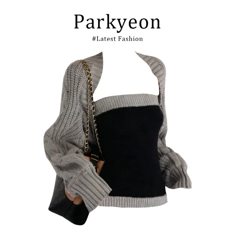 parkyeon韩系纯欲风针织开衫毛衣女秋冬修身显瘦抹胸叠穿两件套