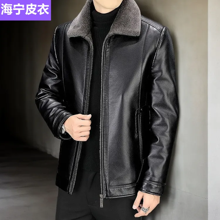新款中老年男士冬季外套加绒加厚抗寒保暖皮毛一体可翻领款皮衣