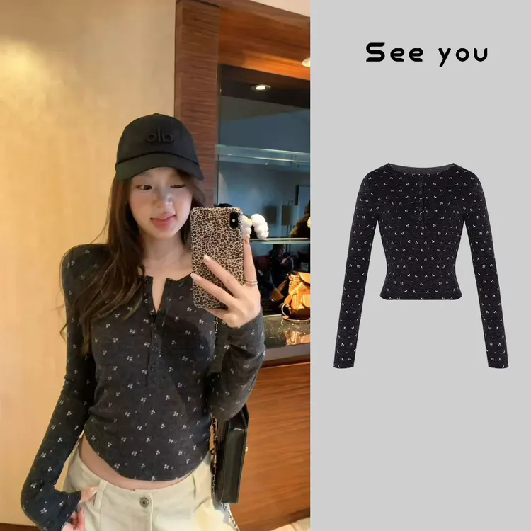 碎花亨利领打底衫长袖针织显瘦百搭时尚设计感L2058