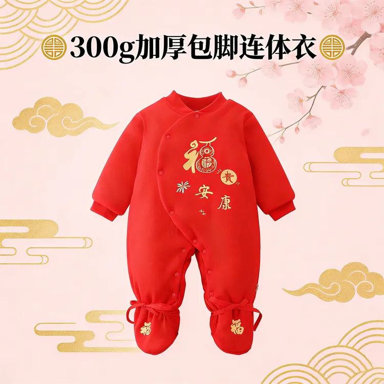 300克加厚棉花连体哈衣冬季新生宝贝喜庆风拜年服满月服