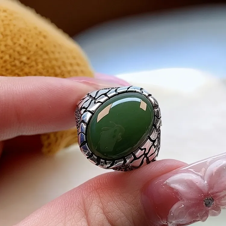 S925银镶嵌天然和田玉碧玉蛇纹个性款