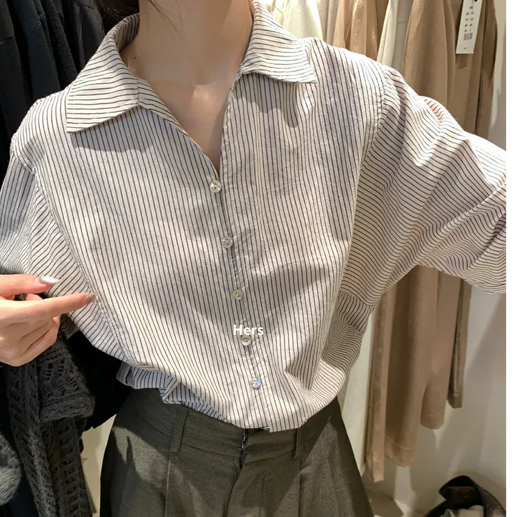 韩版新款条纹衬衫衬衣女长袖时尚休闲百搭宽松翻领小众设计感叠穿