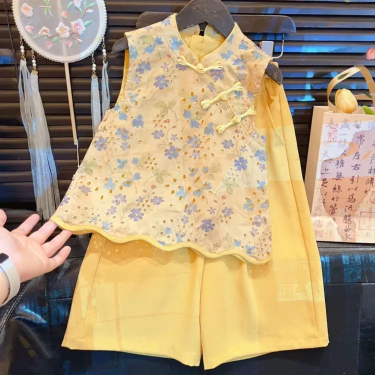女童新中式套装夏季2025新款国风碎花无袖上衣轻薄九分防蚊阔腿裤
