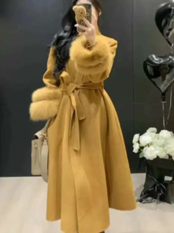 直下摆保暖青果领女毛呢外套宽袖长款秋冬显瘦长双毛袖口宽松时尚