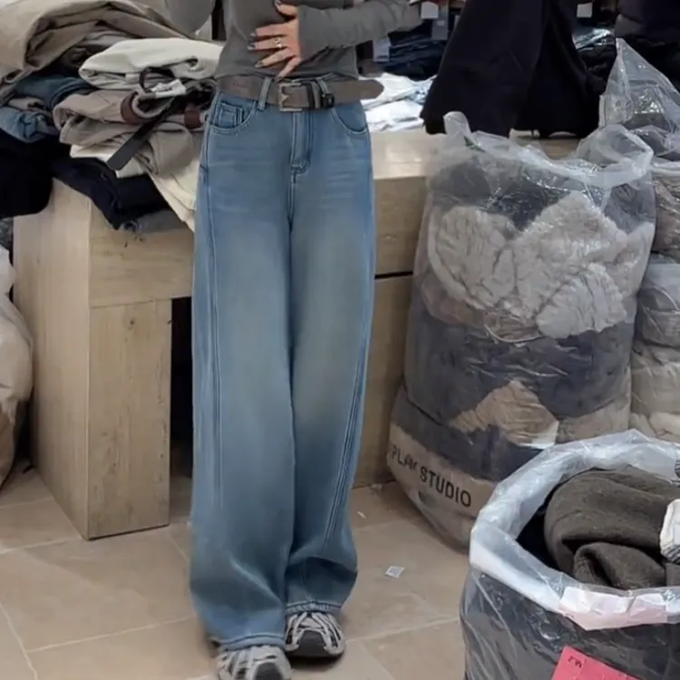 2025新款百搭韩系冬季显瘦高腰牛仔裤加绒直筒裤加腰带LK2507775