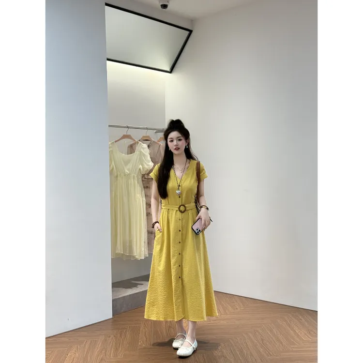 宿慕SUMU夏季显瘦V领连衣裙2025新款6-12舒适时尚气质连衣裙2173