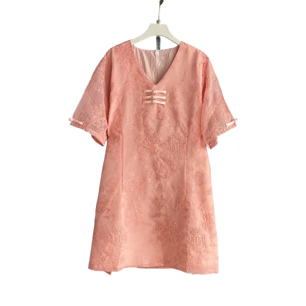 胖妹妹夏季新款大码新中式V领盘扣开叉短袖大衫