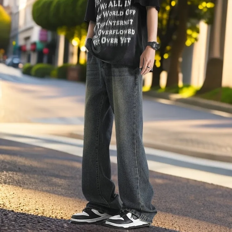 新款美式高街水洗深蓝牛仔裤男ins潮牌百搭阔腿直筒裤做旧微喇裤