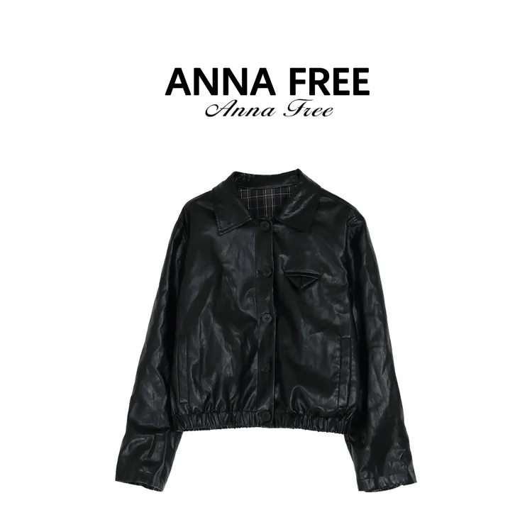 ANNA FREE 翻领皮衣拼接格纹百搭经典秋季短款夹克外套ZCE25889