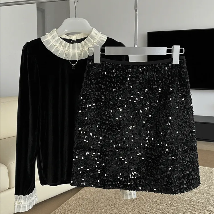 时尚套装静奢风黑色轻熟风小香风亮片短裙半身裙两件套装裙子女