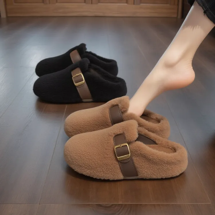 羊羔绒毛毛拖鞋女秋冬外穿皮带扣厚底踩屎感欧货孕妇包头半拖棉鞋