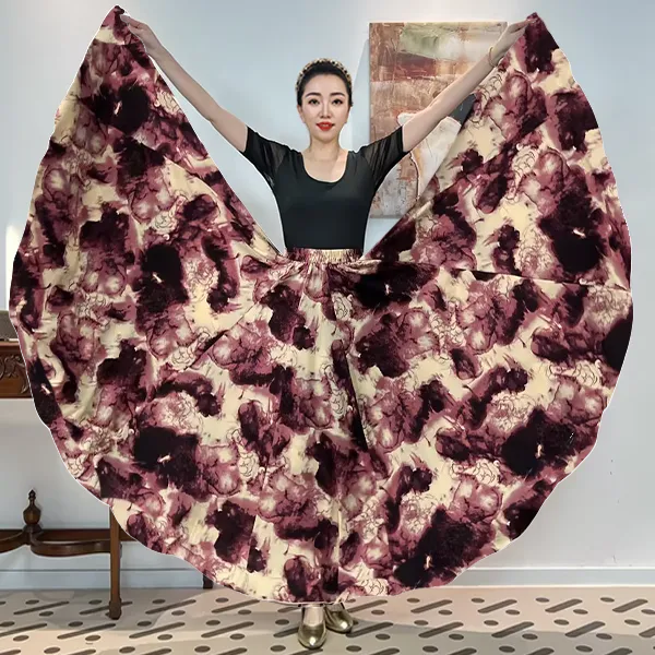 《紫沫泾洋》消光破卡印满铺花全松紧腰大摆半身裙单层无衬裙