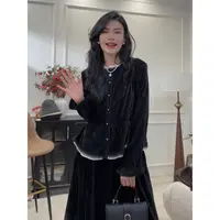 【贵气千金】冬季新款精致小香长袖黑色上衣半身裙两件套装