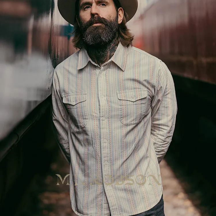 MT.Robson【复古机织7盎司】玫红靛蓝重磅提花长袖男士美式工装衬衫