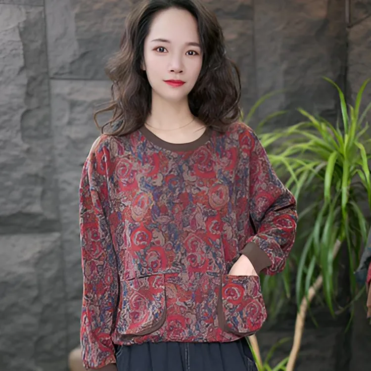 JJ女厚款印花长袖加绒宽松保暖卫衣时尚复古圆领春季碎花打底衫